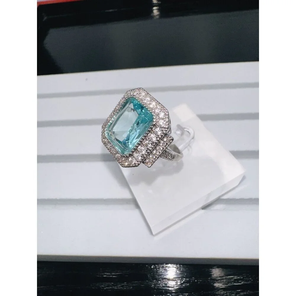 Aquamarine Cubic Zirconia White Crystal Ring Size 7 - Picture 8 of 16